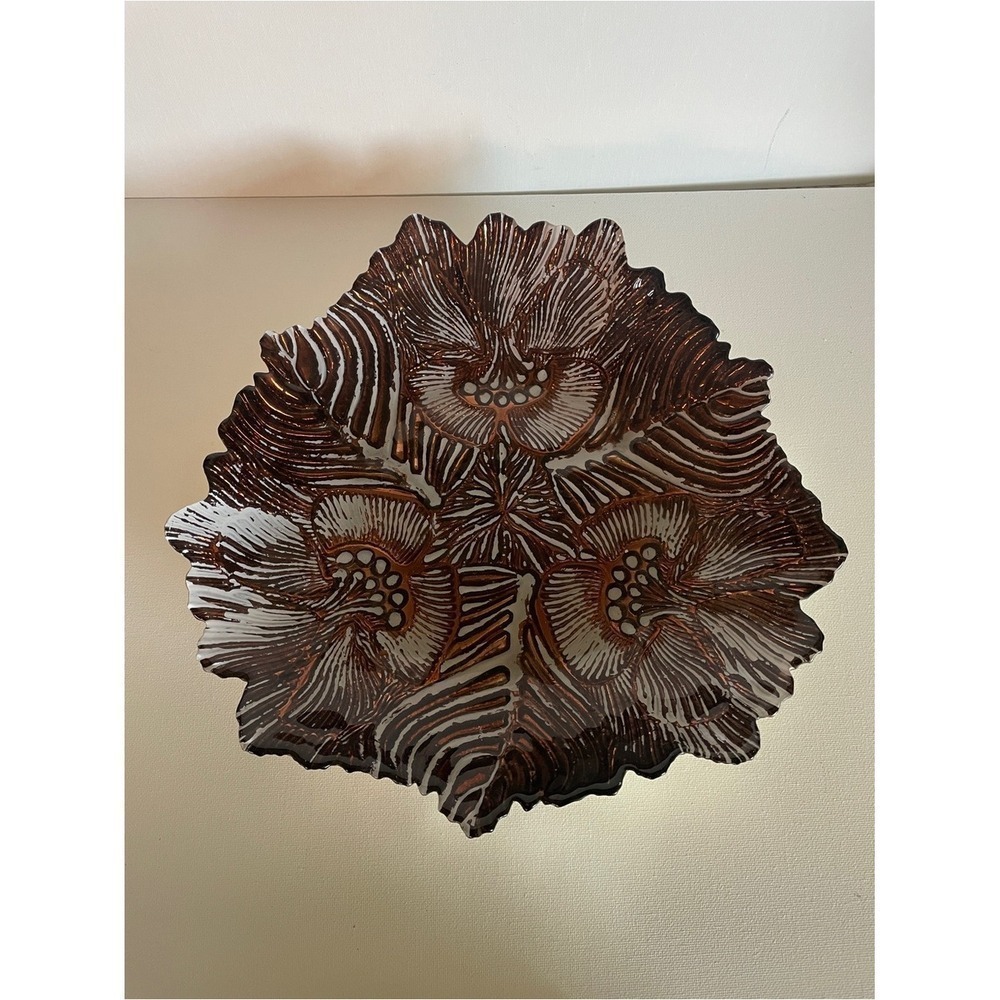 Decorative Brown Shimmer Metallic Floral Glass Art Plate Candy Dish Platter Home